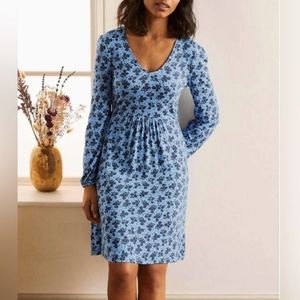 Boden Hattie Jersey Dress Blue Floral Long Sleeve Clover Lightweight